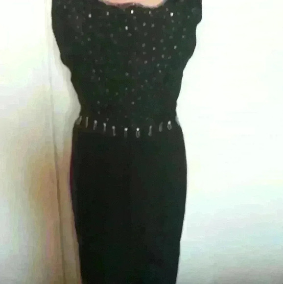Vintage sexy party/cocktail statement beaded black bodycon midi dress S - Picture 2 of 5
